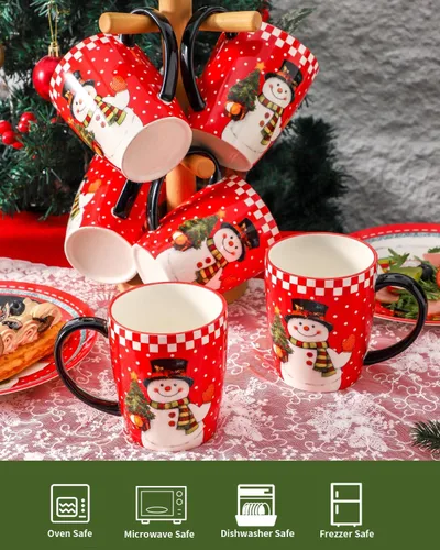 Vista 6 de HASENSE Juego de 6 tazas de café de cerámica con asa, taza grande de café con leche de Navidad para té, cacao caliente, leche, elegante taza