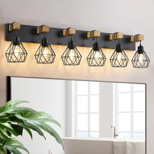 Vista 18 de Juego de 2 luces de tocador estilo granja para baño, accesorios de iluminación de madera blanca sobre espejo, apliques rústicos de pared