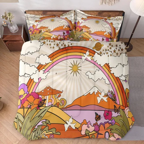 Vista 6 de Juego de edredón con 2 fundas de almohada, tamaño matrimonial, diseño retro hippie de flores, sol, arcoíris, decoración de ropa de cama de los años