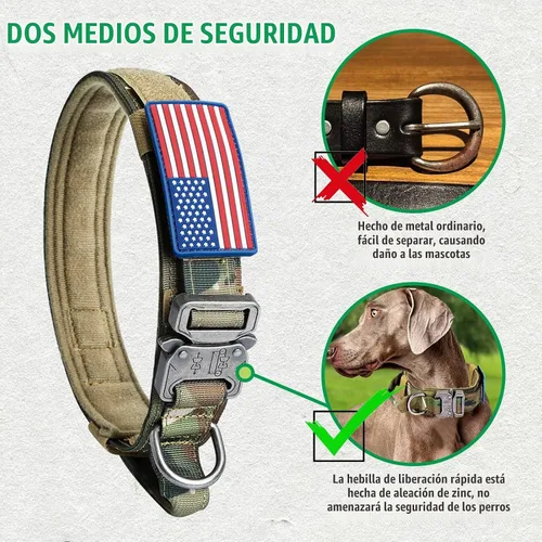 Vista 5 de Collar táctico para perros y correa elástica, juego de collar y correa militar camuflado con bandera de Estados Unidos, collar ajustable K9