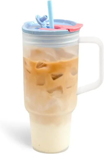 Vaso de plástico esmerilado de 40 onzas con asa y tapa con pajilla, taza de viaje grande reutilizable para bebidas frías, vaso de acrílico