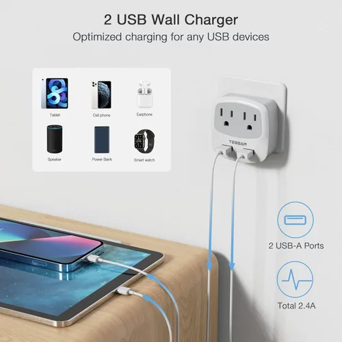 Vista 4 de Convertidor de adaptador de enchufe de viaje europeo, convertidor de enchufe de alimentación internacional TESSAN con 2 USB, adaptador de salida