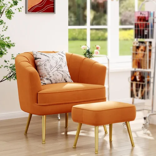 Vista 10 de Andeworld Silla decorativa de terciopelo con otomana, sillón de barril Beige