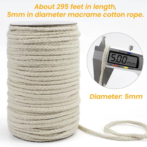 Vista 3 de JeogYong - Cuerda de macramé trenzada 5mm x 90m, cuerda de algodón trenzada de 8 hebras natural, cuerda de cordón de dibujo colorida para colgar