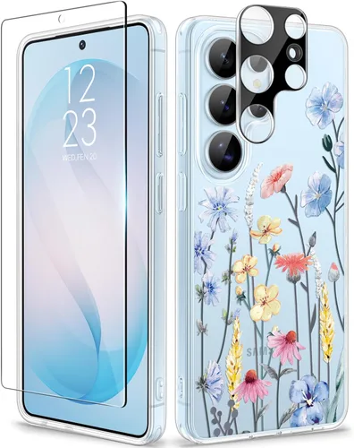 Vista 80 de GVIEWIN Funda protectora para Samsung Galaxy S25, transparente floral, delgada, a prueba de golpes, para mujer, no se pone amarilla, con protector