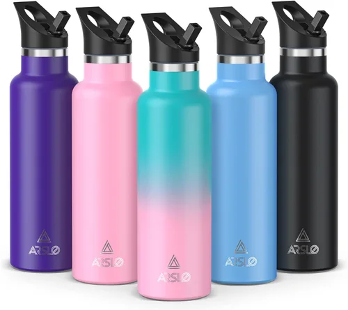 Botellas de agua de doble pared de acero inoxidable, botella aislada al vacío con tapa con popote, botella de agua aislada mantiene el agua fría