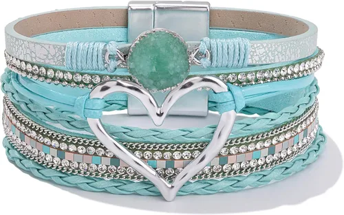 Vista 14 de Pulseras de cuero con corazón grueso, estilo bohemio, apilable, lindo Negro