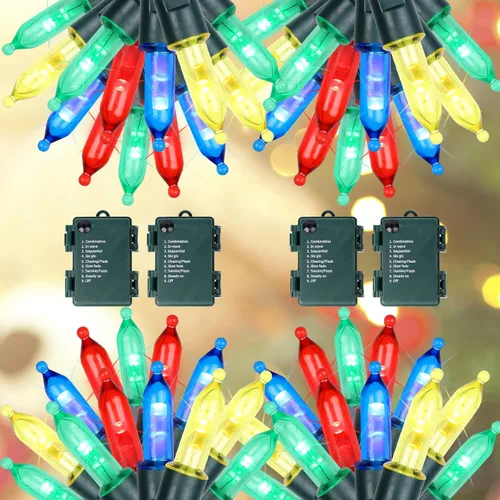 Vista 9 de Blissun - Luces de Navidad, juego de 50 luces verdes, mini tira de luces navideñas a pilas con 8 modos, guirnalda de luces de 16 pies para árbol