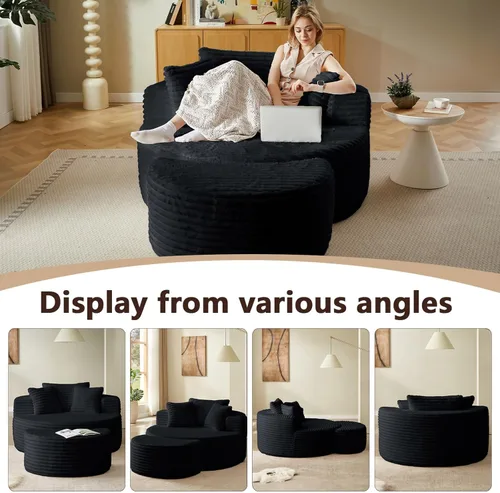 Vista 8 de Sillón redondo de gran tamaño de 55 pulgadas de ancho con otomana, silla decorativa de pana moderna, asiento profundo tapizado sin estructura