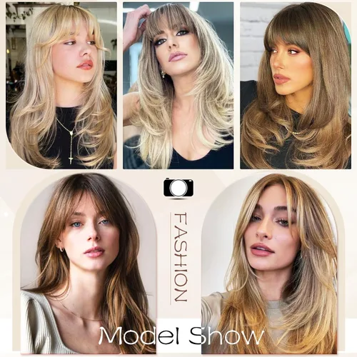 Vista 7 de SOFEIYAN Pelucas largas de color marrón para mujer, peluca de cabello sintético en capas con flequillo, peluca de onda natural, peluca sintética