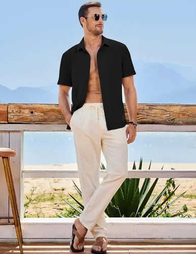 Vista 35 de JMIERR Camisas de vestir a rayas con botones y manga corta para hombre