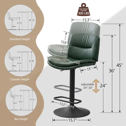 Vista 17 de Juego de 3 taburetes de bar giratorios tapizados de doble capa con respaldo, taburete de bar ajustable de 24 a 32 pulgadas, taburetes de bar de piel