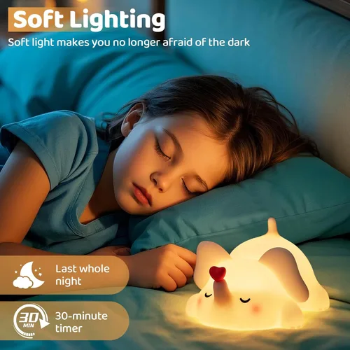Vista 3 de Luditek Luz nocturna de elefante de corazón dulce, 3 niveles de brillo, de silicona, recargable, lámpara de guardería, decoración para dormitorio