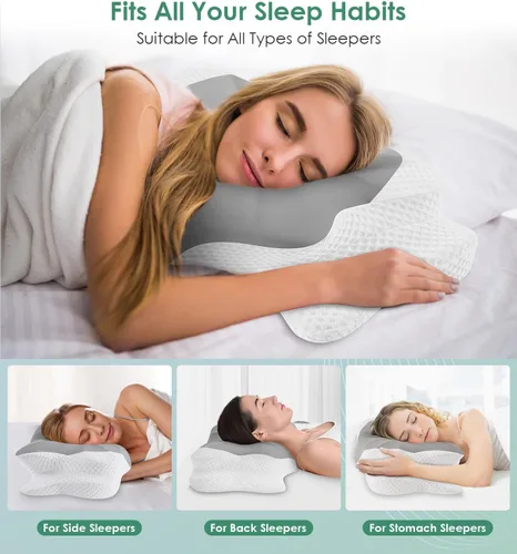 Vista 3 de DONAMA - Almohada cervical para dormir, espuma viscoelástica con diseño contorneado para apoyar cuello y hombros, ergonómica para dormir de lado