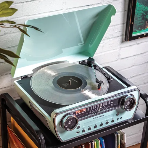 Vista 5 de Crosley CR6047A-AB Powel 7-en-1 Tocadiscos Bluetooth con entrada/salida de vinilo, radio AM/FM, reproductor de CD y entrada auxiliar, Azul Aqua
