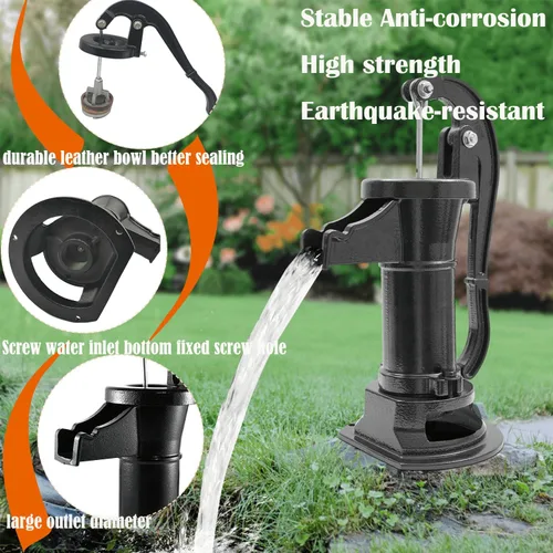 Vista 3 de Bomba de jarra de hierro fundido antiguo y duradera: Bomba manual de pozo de succión para transferencia de agua, elevación máxima de 25 pies, fácil