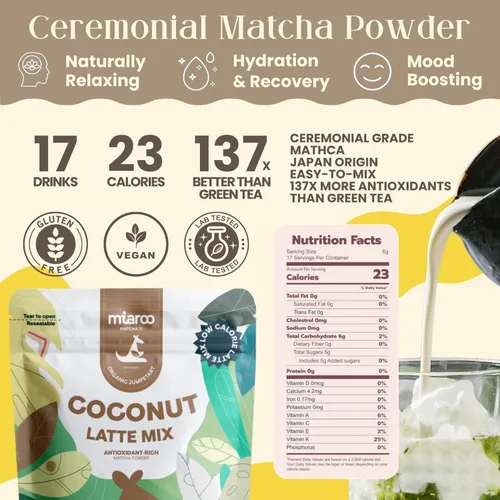 Vista 2 de Coconut Matcha Latte 3.53 oz Polvo cremoso de té verde japonés con sabor a coco, sin lácteos, sin edulcorantes artificiales, 0.18 onzas de azúcar