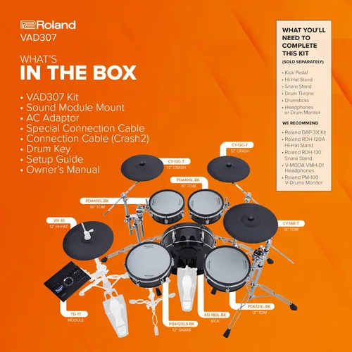 Vista 7 de Roland VAD307 V-Drums Kit de batería electrónica de diseño acústico premium de 5 piezas con cascos de poca profundidad