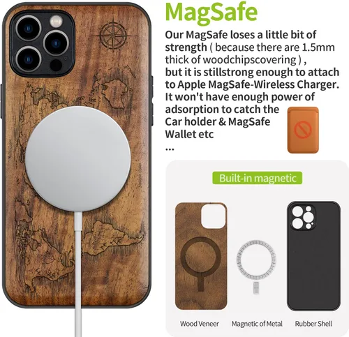 Vista 5 de Carveit Funda magnética de madera para iPhone 12 Pro [madera natural y TPU suave negro] a prueba de golpes, funda de madera única y elegante