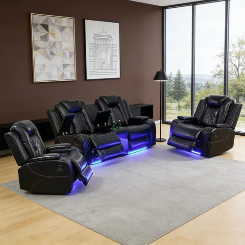Vista 38 de Juego de sofá reclinable eléctrico para sala de estar, juego de sofá reclinable de pana con luces LED, puertos USB, almacenamiento oculto, juego