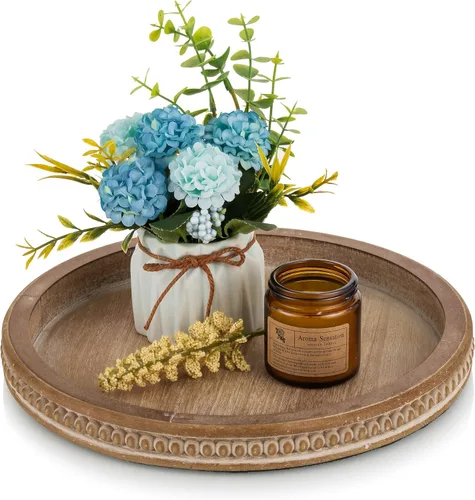 Hanobe Bandeja decorativa de madera redonda bandeja de cuentas marrones para mesa de café, bandejas de madera rústica, decoración de granja, cocina,