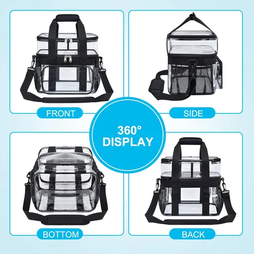 Vista 7 de Bolsa de almuerzo transparente – Bolsa de almuerzo grande transparente para el trabajo, bolsa de almuerzo reutilizable de doble cubierta con correa