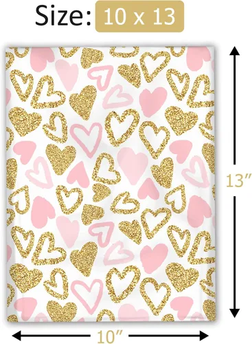 Vista 4 de Sobres de polietileno de diseño de corazón rosa y dorado de 10 x 13 pulgadas (100) para el día de San Valentín, impermeables, autosellantes