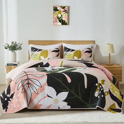 Vista 9 de Yogeneg Juego de ropa de cama Queen con patrón botánico verde y amarillo, juego de edredón blanco matrimonial/queen, colcha de verano ligera y suave