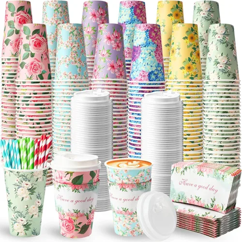 Vista 7 de Jingmore 48 juegos de tazas de café de papel desechables de 16 onzas con tapas, fundas para pajitas, vasos de papel para bebidas frías calientes