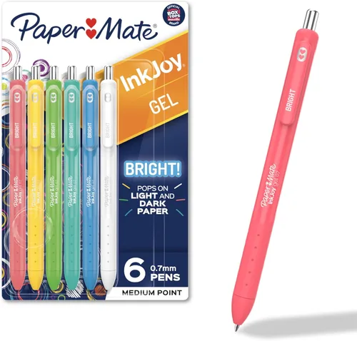 Paper Mate InkJoy bolígrafos de gel de punta media (0,7 mm) retráctiles, surtidos, tinta opaca, paquete de 6, agarre cómodo, colores vívidos