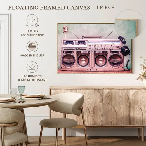 Vista 5 de ElephantStock - Retro Boombox Wall Art - Horizontal Floating Framed Canvas - Living Room Wall Decor - Photography Music Framed Canvas Art - White