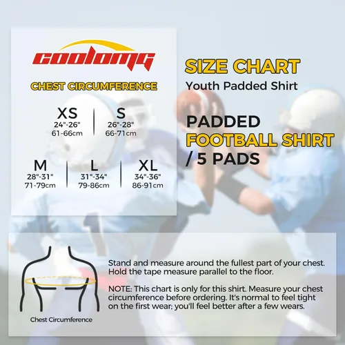 Vista 4 de COOLOMG Camisa acolchada de fútbol americano juvenil con protector de costillas, pecho, esternón, corazón y hombros, para rugby, lacrosse