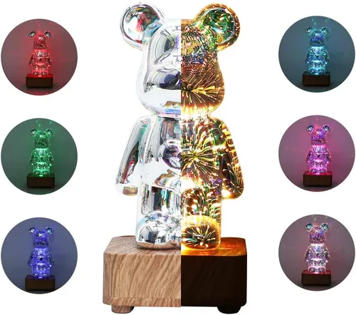 Vista 3 de EXIGENT Lámpara de luz LED 3D con forma de oso, luces nocturnas con fuegos artificiales, lámpara de luz nocturna intermitente genial (Oso1)
