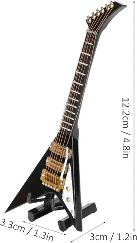 Vista 2 de Guitarra eléctrica en miniatura de madera, mini instrumento musical, casa de muñecas en miniatura, modelo de guitarra con soporte y estuche