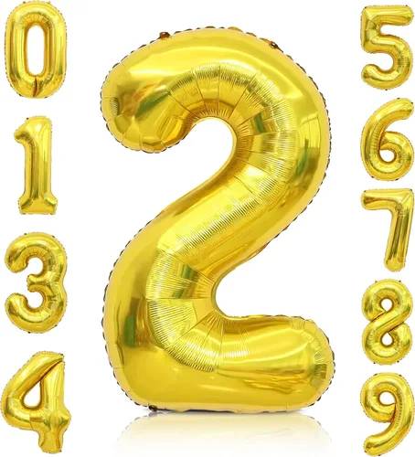 Globo dorado con el número 2 de 40 pulgadas, decoraciones de cumpleaños, globos grandes de papel de aluminio con números grandes para fiesta dorada