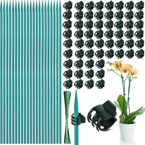 Juego de 30 estacas de soporte para plantas, estacas de bambú de 15 pulgadas con 50 clips de orquídeas de plástico para plantas de jardín, 30 lazos