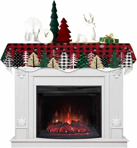 Vista 10 de Mantel con diseño de copo de nieve azul para chimenea de Navidad, bufanda para repisa, estola para estantes, renos, alces, nieve, bosque, cubierta