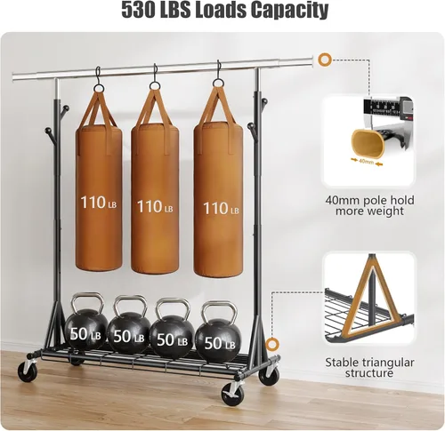 Vista 2 de Perchero de ropa resistente con carga de 530 libras, perchero de metal para colgar 200 piezas de ropa sobre ruedas, plegable, portátil y ajustable
