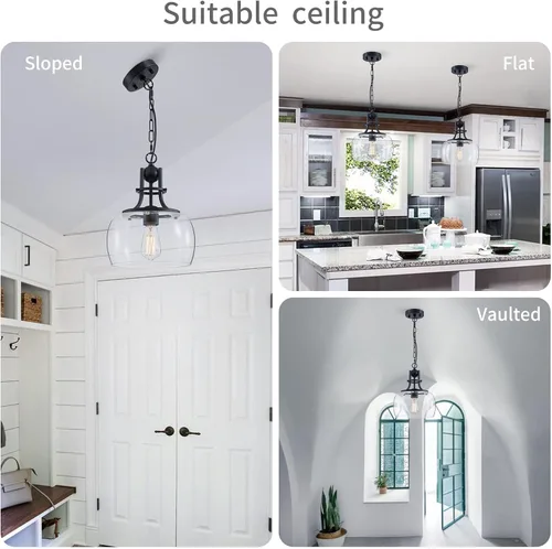 Vista 6 de WUZUPS Candelabro Colgante de Techo LED Industrial Rústico de Granja Redondo con Pantallas de Vidrio Transparente para Comedor Cocina Isla Vestíbulo