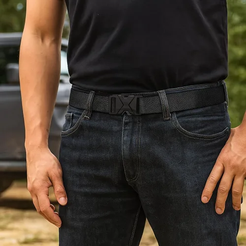 Vista 2 de Cinturón táctico para hombre, cinturón de tela de estilo militar, 1.5 pulgadas de ancho, hebilla de liberación rápida, negro, cinturón de trabajo