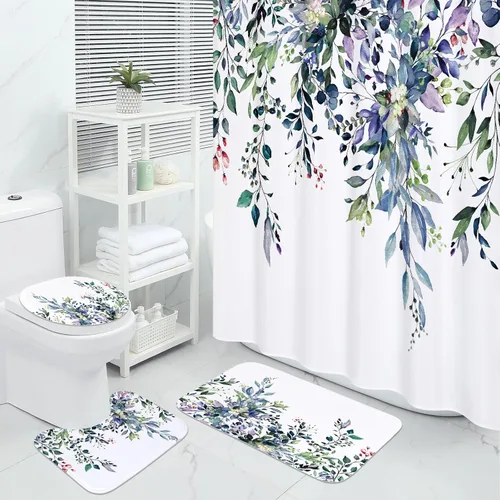 Vista 13 de MitoVilla Juego de 4 piezas de baño de eucalipto azul con cortina de ducha y alfombras, modernos juegos de cortinas de ducha con alfombras