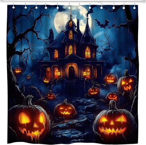 Vista 4 de Halloween Shower Curtain Spooky Haunted House Scene with Glowing Pumpkins Full Moon Bats Gothic Dark Forest Castle Bathroom Polyester Curtains Set