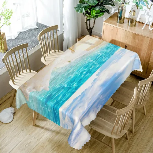 Vista 5 de Mantel oblongo, diseño de playa de 52 x 70 pulgadas, diseño de playa con estrellas de mar y olas de mar, con decoración impermeable y resistente a