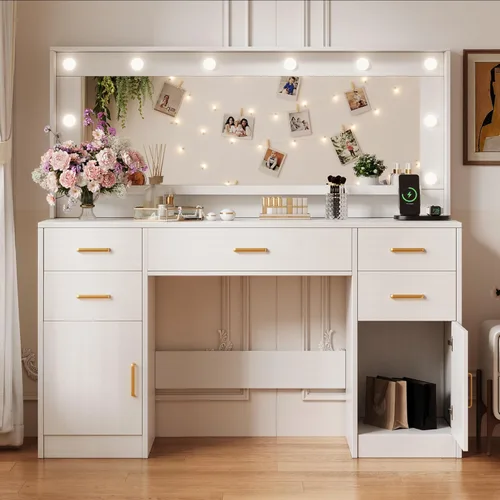 Vista 11 de Tocador de maquillaje con luces y estación de carga, mesa de tocador blanca con 5 cajones y estantes de almacenamiento abiertos, escritorio