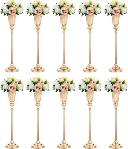 Vista 10 de NUPTIO Jarrón de centro de mesa alto dorado: 2 piezas de 30.5 "Soporte de flores de boda para mesa jarrón de trompeta de metal para decoraciones