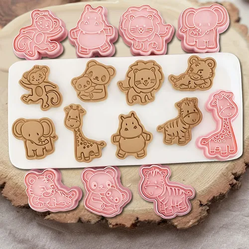 Vista 2 de Juego de 8 cortadores de galletas de animales con émbolo, 8 piezas de cortadores de estampado de animales 3D para moldes de galletas y queso