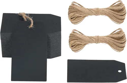 Etiquetas de regalo negras G2PLUS, 100 unidades de etiquetas de papel negro con cuerda, etiqueta de regalo en blanco de 7,1 x 4 cm, etiqueta