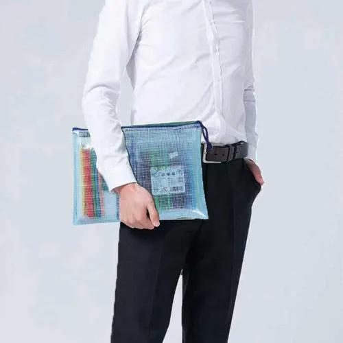 Vista 7 de 10 bolsas de malla con cremallera, carpetas de documentos de plástico resistentes al desgarro, bolsa organizadora de documentos con cremallera A5