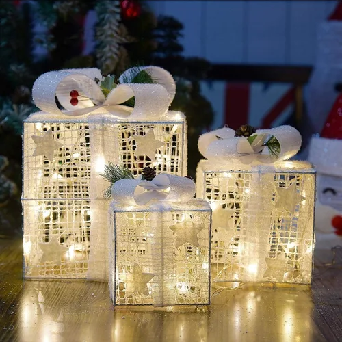 Vista 9 de Juego de 3 cajas de regalo iluminadas de Navidad, cajas de regalo preiluminadas de 60 luces LED que se iluminan, ornamento de cajas de regalo, cajas