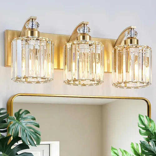 Vista 9 de Lámpara de baño de latón cepillado de 3 luces, luces de tocador doradas, iluminación moderna de cristal para tocador de baño, aplique de pared